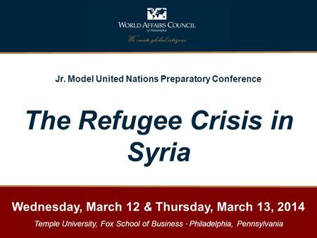 Jr. Model United Nations Preparatory Conference The Refugee Crisis in Syria Presented by: Mr. Samer Abboud, Arcadia University Wednesday, March 12 & Thursday,