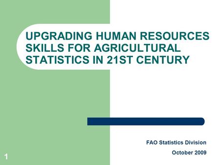 1 UPGRADING HUMAN RESOURCES SKILLS FOR AGRICULTURAL STATISTICS IN 21ST CENTURY FAO Statistics Division October 2009.