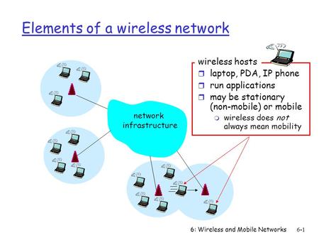 6: Wireless and Mobile Networks6-1 Elements of a wireless network network infrastructure wireless hosts r laptop, PDA, IP phone r run applications r may.