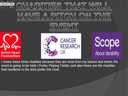 I chose these three charities because they are local from my school and where the event is going to be held ( Purley Playing Fields) and also these are.