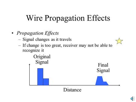 Wire Propagation Effects Propagation Effects –Signal changes as it travels –If change is too great, receiver may not be able to recognize it Distance Original.