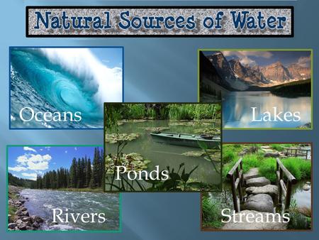 OceansLakes Rivers Ponds Streams.  The Earth produces resources that meet our needs such as soil, wood, and minerals.  Water is another important resource.