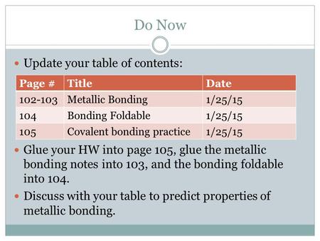 Do Now Update your table of contents:
