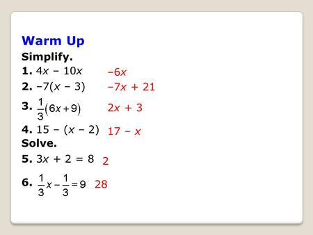 Warm Up Simplify. 1. 4x – 10x 2. –7(x – 3) 3. –6x – (x – 2)