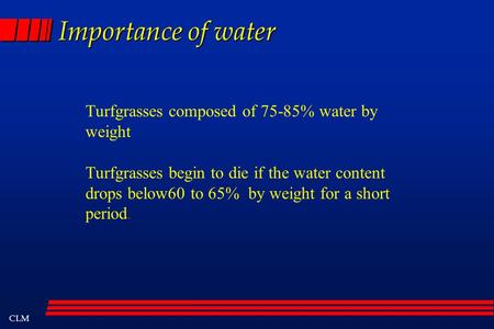 CLM Importance of water Turfgrasses composed of 75-85% water by weight Turfgrasses begin to die if the water content drops below60 to 65% by weight for.