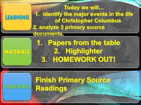 BELL RINGER List at least 5 things you know about Christopher Columbus.