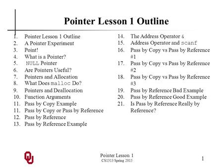 Pointer Lesson 1 CS1313 Spring 2015 1 Pointer Lesson 1 Outline 1.Pointer Lesson 1 Outline 2.A Pointer Experiment 3.Point! 4.What is a Pointer? 5. NULL.