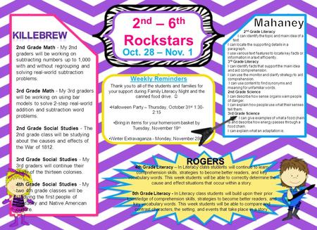 2 nd – 6 th Rockstars Oct. 28 – Nov. 1 Weekly Reminders 4th Grade Literacy – In Literacy class students will continue to learn comprehension skills, strategies.
