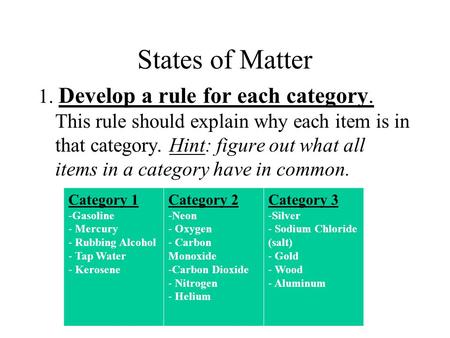 States of Matter 1. Develop a rule for each category. This rule should explain why each item is in that category. Hint: figure out what all items in a.