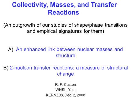 (An outgrowth of our studies of shape/phase transitions and empirical signatures for them) A) An enhanced link between nuclear masses and structure B)