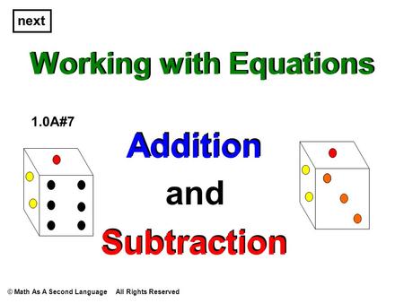 Working with Equations Addition and Subtraction 1.0A#7 Addition Subtraction next © Math As A Second Language All Rights Reserved.