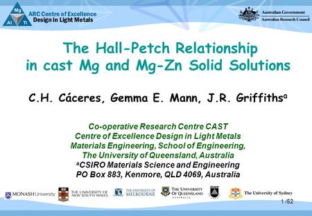 1 /52 The Hall-Petch Relationship in cast Mg and Mg-Zn Solid Solutions C.H. Cáceres, Gemma E. Mann, J.R. Griffiths a Co-operative Research Centre CAST.