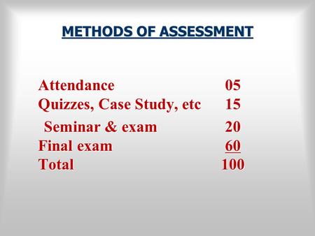 METHODS OF ASSESSMENT Attendance 05 Quizzes, Case Study, etc 15 Seminar & exam 20 Final exam 60 Total 100.