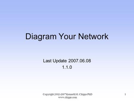 Diagram Your Network Last Update 2007.06.08 1.1.0 Copyright 2002-2007 Kenneth M. Chipps PhD www.chipps.com 1.