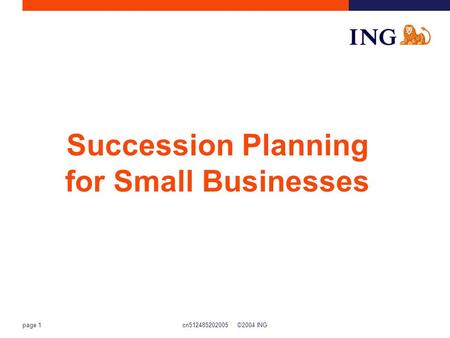 Cn512485202005 ©2004 ING page 1 Succession Planning for Small Businesses.