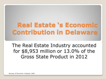 Real Estate ‘s Economic Contribution in Delaware The Real Estate Industry accounted for $8,953 million or 13.0% of the Gross State Product in 2012 Bureau.