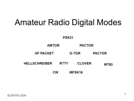 KC8TVW 2009 1 Amateur Radio Digital Modes AMTOR PACTORG-TOR PACTOR CLOVER CW PSK31 HF PACKET HELLSCHREIBER MT63 MFSK16 RTTY.