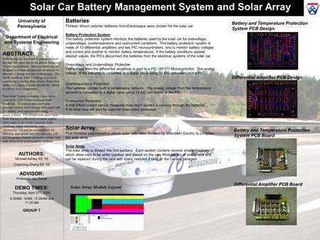 University of Pennsylvania Department of Electrical and Systems Engineering ABSTRACT: Solar racing has increased in popularity over the past few years.