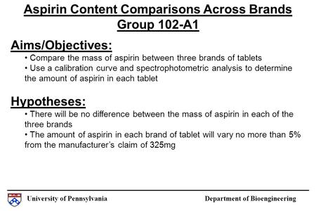 University of Pennsylvania Department of Bioengineering Aims/Objectives: Compare the mass of aspirin between three brands of tablets Use a calibration.