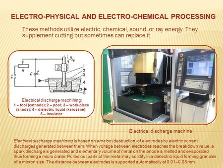 These methods utilize electric, chemical, sound, or ray energy. They supplement cutting but sometimes can replace it. Electrical discharge machine Electrical.