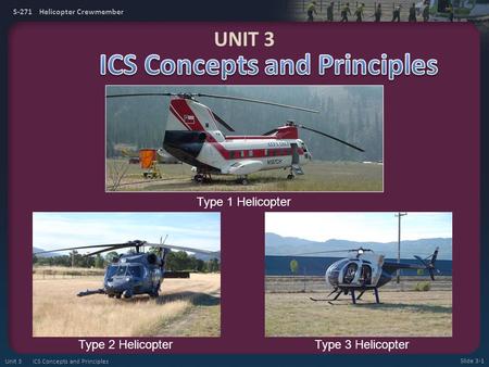S-271 Helicopter Crewmember Type 1 Helicopter Type 2 HelicopterType 3 Helicopter UNIT 3 Slide 3-1 Unit 3 ICS Concepts and Principles.