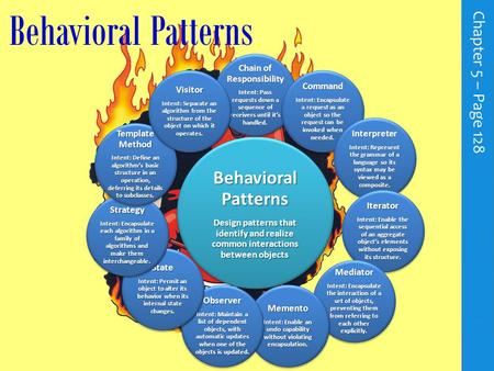 Behavioral Patterns C h a p t e r 5 – P a g e 128 BehavioralPatterns Design patterns that identify and realize common interactions between objects Chain.