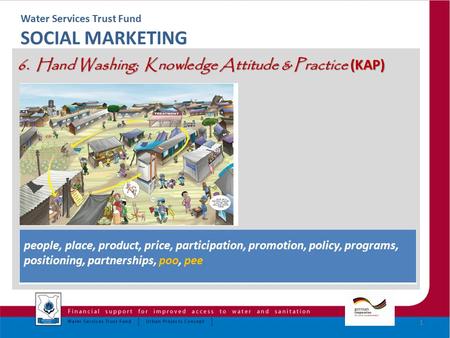 Water Services Trust Fund SOCIAL MARKETING 6. Hand Washing; Knowledge Attitude & Practice (KAP) 1 people, place, product, price, participation, promotion,