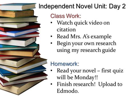 Independent Novel Unit: Day 2 Class Work: Watch quick video on citation Read Mrs. A’s example Begin your own research using my research guideHomework: