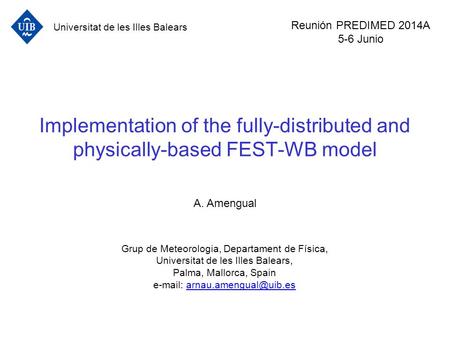 Implementation of the fully-distributed and physically-based FEST-WB model A. Amengual Grup de Meteorologia, Departament de Física, Universitat de les.