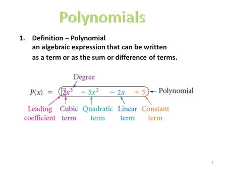 1 1.Definition – Polynomial an algebraic expression that can be written as a term or as the sum or difference of terms.