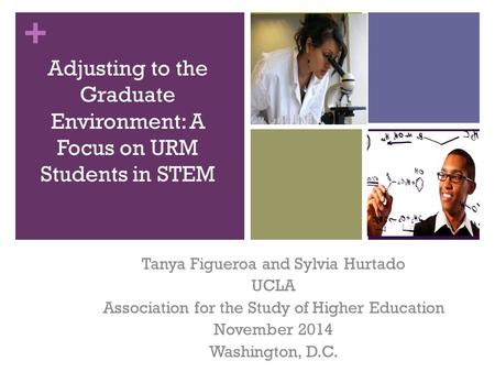 + Adjusting to the Graduate Environment: A Focus on URM Students in STEM Tanya Figueroa and Sylvia Hurtado UCLA Association for the Study of Higher Education.