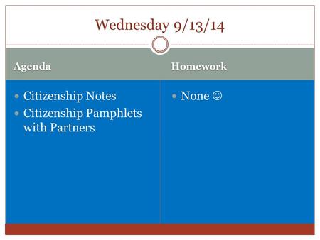 Agenda Homework Citizenship Notes Citizenship Pamphlets with Partners None Wednesday 9/13/14.