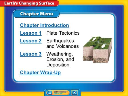 Chapter Menu Chapter Introduction Lesson 1Lesson 1Plate Tectonics Lesson 2Lesson 2Earthquakes and Volcanoes Lesson 3Lesson 3Weathering, Erosion, and Deposition.