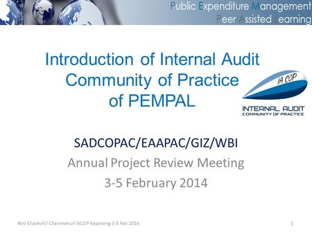 Introduction of Internal Audit Community of Practice of PEMPAL SADCOPAC/EAAPAC/GIZ/WBI Annual Project Review Meeting 3-5 February 2014 Nini Eliashvili/