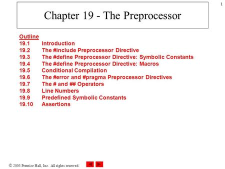  2003 Prentice Hall, Inc. All rights reserved. 1 Chapter 19 - The Preprocessor Outline 19.1 Introduction 19.2 The #include Preprocessor Directive 19.3.