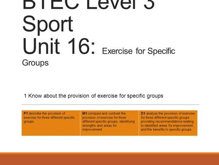 BTEC Level 3 Sport Unit 16: Exercise for Specific Groups