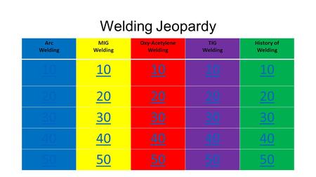 Welding Jeopardy Arc Welding MIG Welding Oxy-Acetylene Welding TIG Welding History of Welding 10 20 30 40 50.