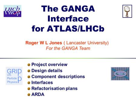 The GANGA Interface for ATLAS/LHCb Project overview Design details Component descriptions Interfaces Refactorisation plans ARDA Roger W L Jones ( Lancaster.