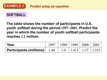 SOFTBALL EXAMPLE 3 Predict using an equation The table shows the number of participants in U.S. youth softball during the period 1997–2001. Predict the.
