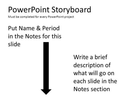 PowerPoint Storyboard Must be completed for every PowerPoint project Put Name & Period in the Notes for this slide Write a brief description of what will.