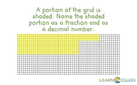 A portion of the grid is shaded. Name the shaded portion as a fraction and as a decimal number.