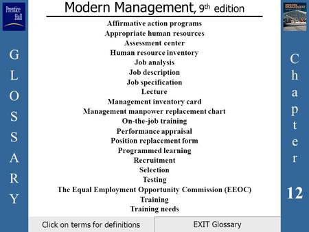 C h a p t e r 12 GLOSSARYGLOSSARY EXIT Glossary Modern Management, 9 th edition Click on terms for definitions Affirmative action programs Appropriate.