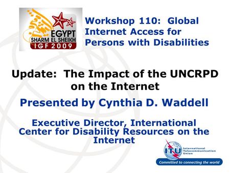 Update: The Impact of the UNCRPD on the Internet Presented by Cynthia D. Waddell Executive Director, International Center for Disability Resources on the.