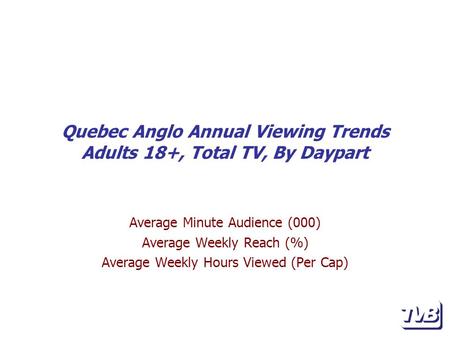 Quebec Anglo Annual Viewing Trends Adults 18+, Total TV, By Daypart Average Minute Audience (000) Average Weekly Reach (%) Average Weekly Hours Viewed.