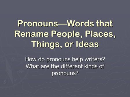 Pronouns—Words that Rename People, Places, Things, or Ideas How do pronouns help writers? What are the different kinds of pronouns?