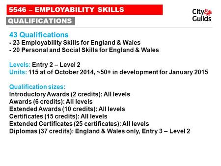 43 Qualifications - 23 Employability Skills for England & Wales - 20 Personal and Social Skills for England & Wales Levels: Entry 2 – Level 2 Units: 115.