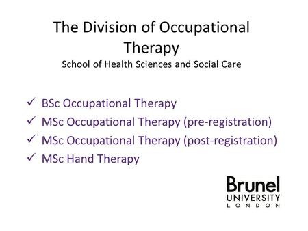 The Division of Occupational Therapy School of Health Sciences and Social Care BSc Occupational Therapy MSc Occupational Therapy (pre-registration) MSc.