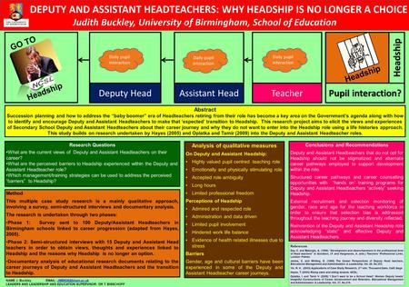DEPUTY AND ASSISTANT HEADTEACHERS: WHY HEADSHIP IS NO LONGER A CHOICE Judith Buckley, University of Birmingham, School of Education Abstract Succession.