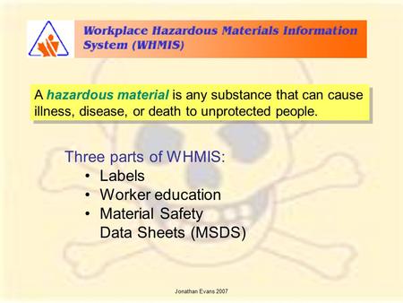 Three parts of WHMIS: Labels Worker education Material Safety