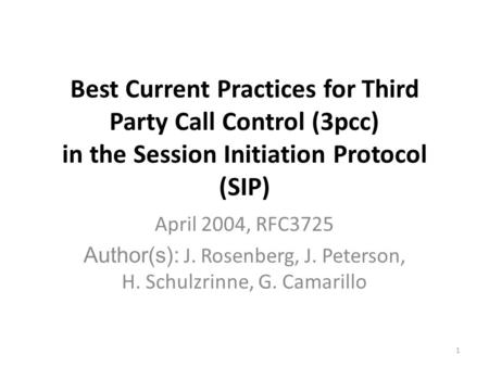 Best Current Practices for Third Party Call Control (3pcc) in the Session Initiation Protocol (SIP) April 2004, RFC3725 Author(s): J. Rosenberg, J. Peterson,